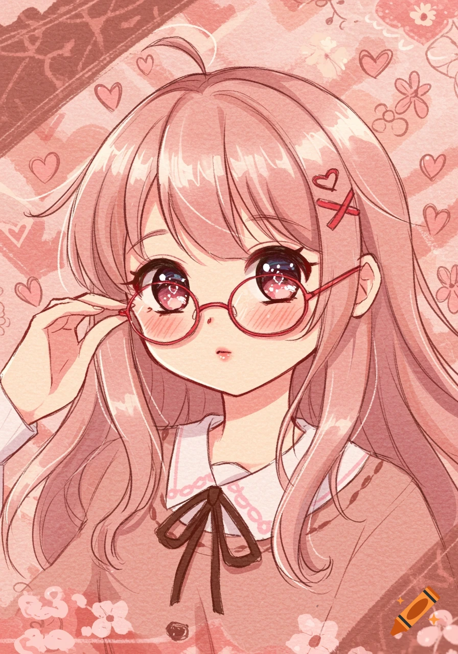 A cute anime girl with long pink hair and red glasses, adjusting them, against a textured pink background with hearts and flowers.