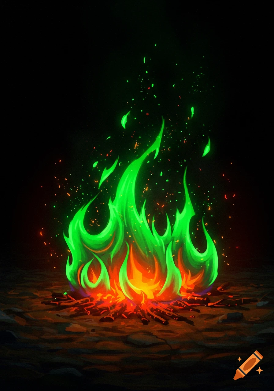 A vibrant, stylized campfire with bright green flames and glowing orange embers on a dark ground.
