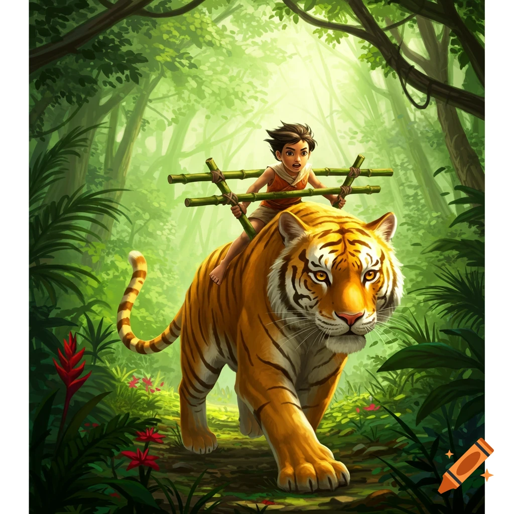 An illustration of a young boy riding a large tiger through a lush, vibrant jungle.