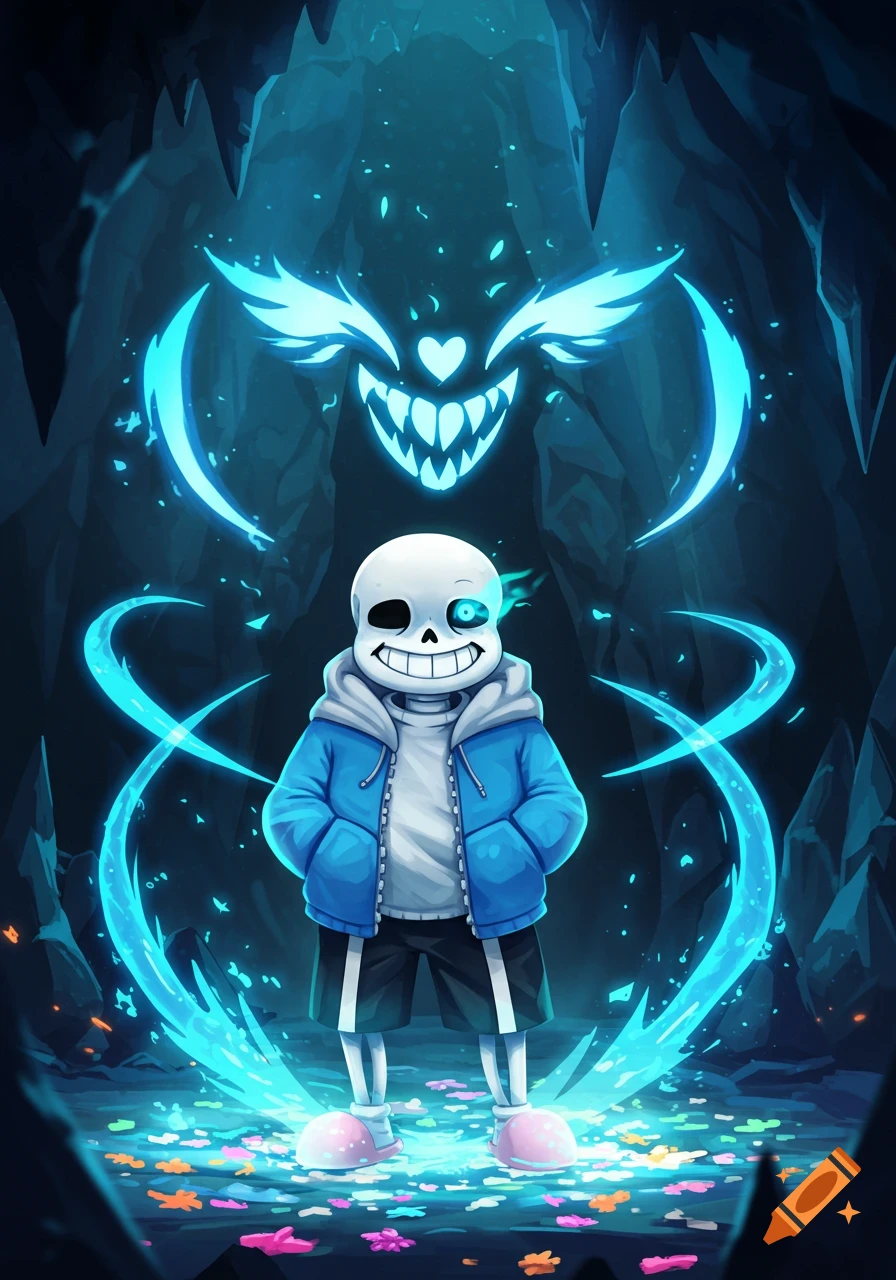 A cartoon skeleton character, Sans, in a blue jacket, stands in a glowing cave with a monstrous blue glowing face hovering above him, surrounded by magic.