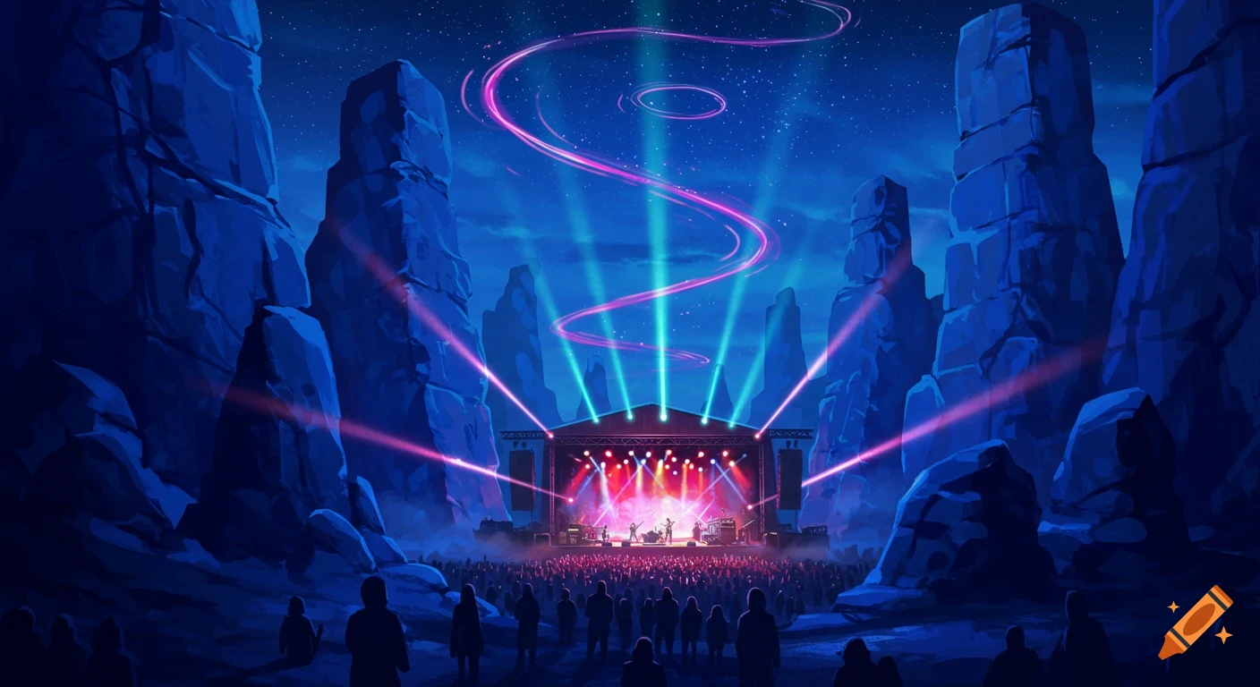 Vibrant digital illustration of a band performing on a stage in a rocky canyon amphitheater at night, illuminated by bright lights.