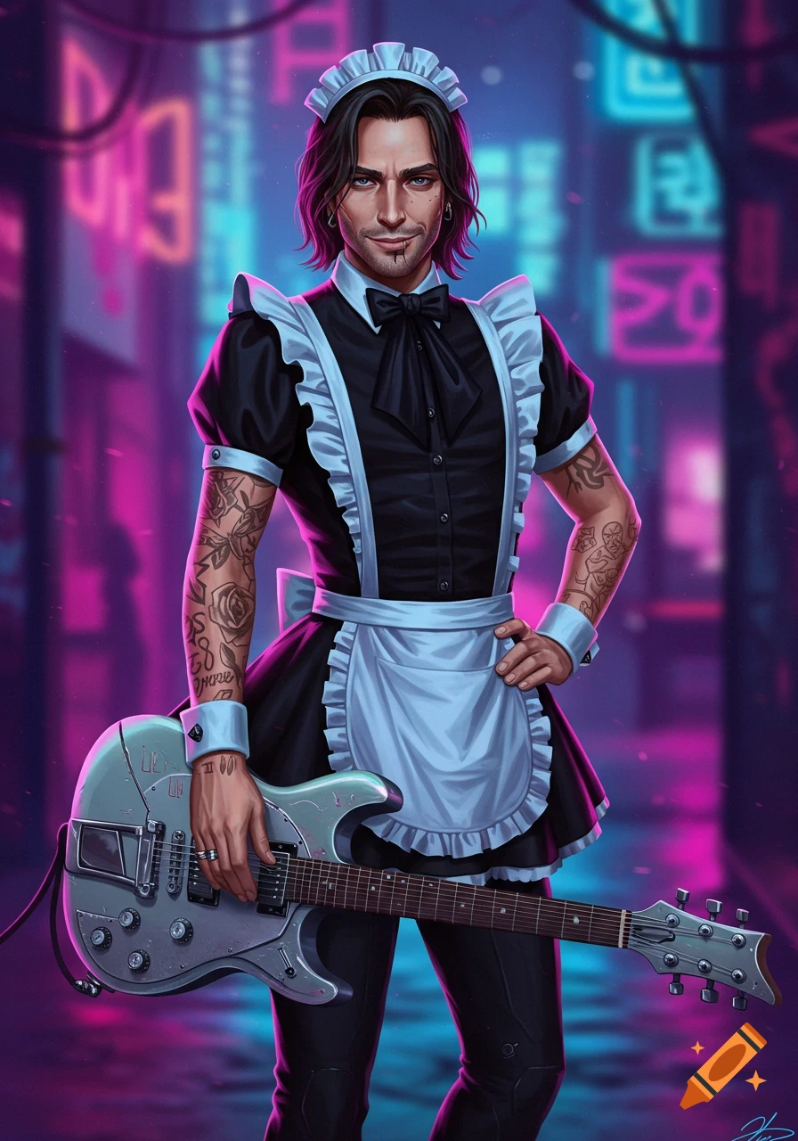 A handsome man with dark hair and tattoos, dressed in a black and white maid outfit, holds a gray electric guitar against a neon-lit cyberpunk city street background.