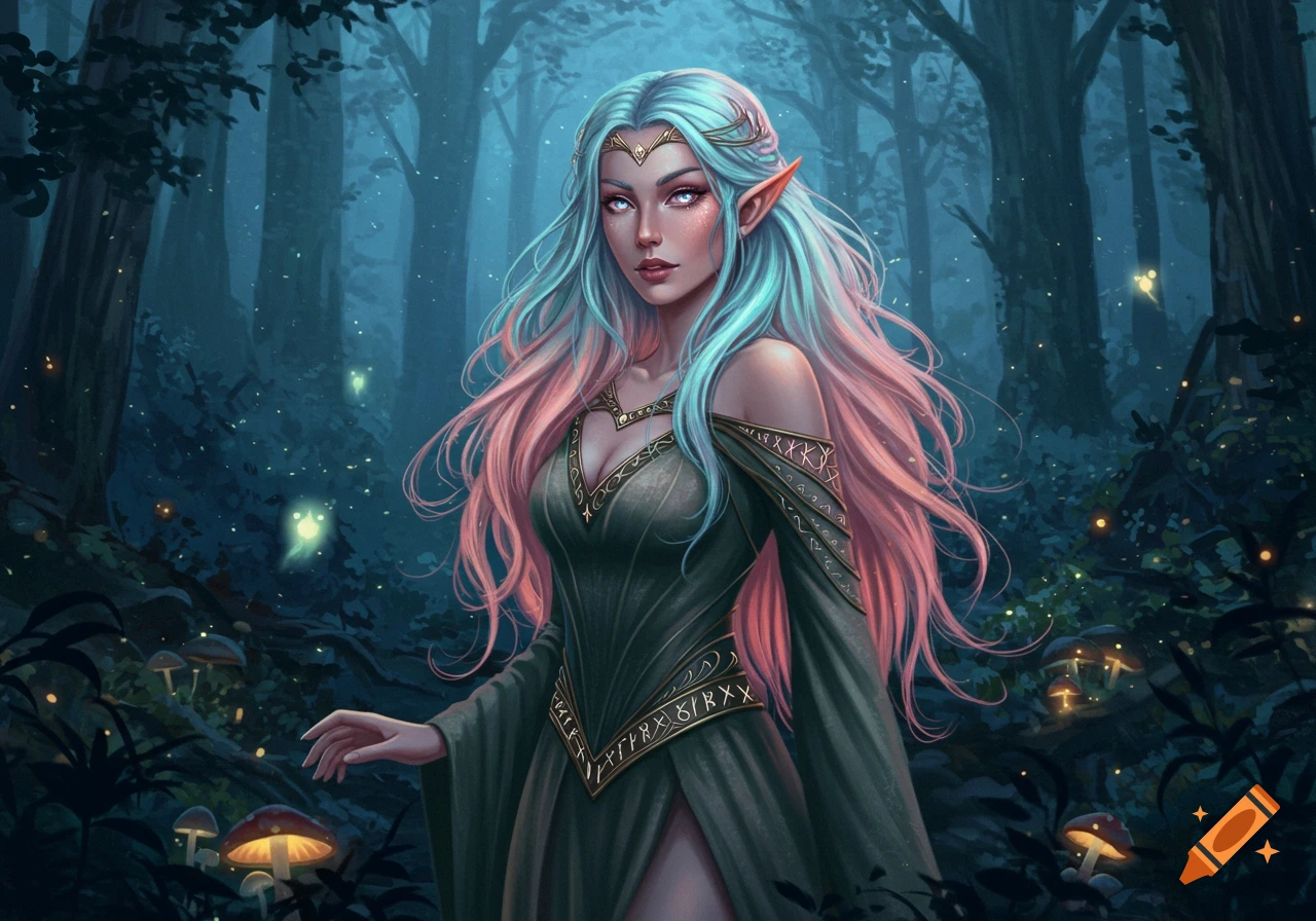A beautiful elf-like woman with long iridescent hair and a green off-shoulder dress stands in a mystical, dark forest with glowing mushrooms and fireflies.