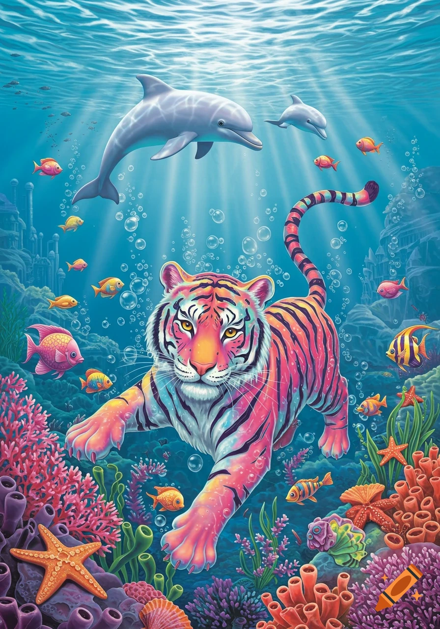 A vibrant, Lisa Frank-style tiger swims underwater with dolphins and colorful fish among coral reefs.
