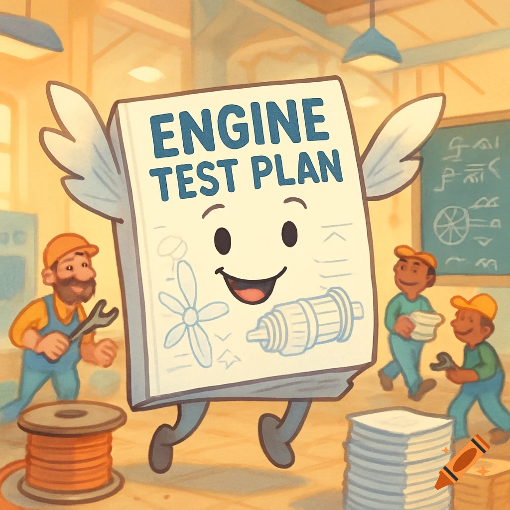 A smiling cartoon document titled 'ENGINE TEST PLAN' with wings and legs, walking in a workshop with cartoon engineers.