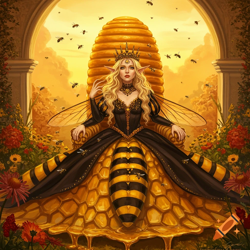A fantasy queen in a black and yellow bee-themed gown and wings sits on a honeycomb throne under an archway, surrounded by flying bees and flowers.