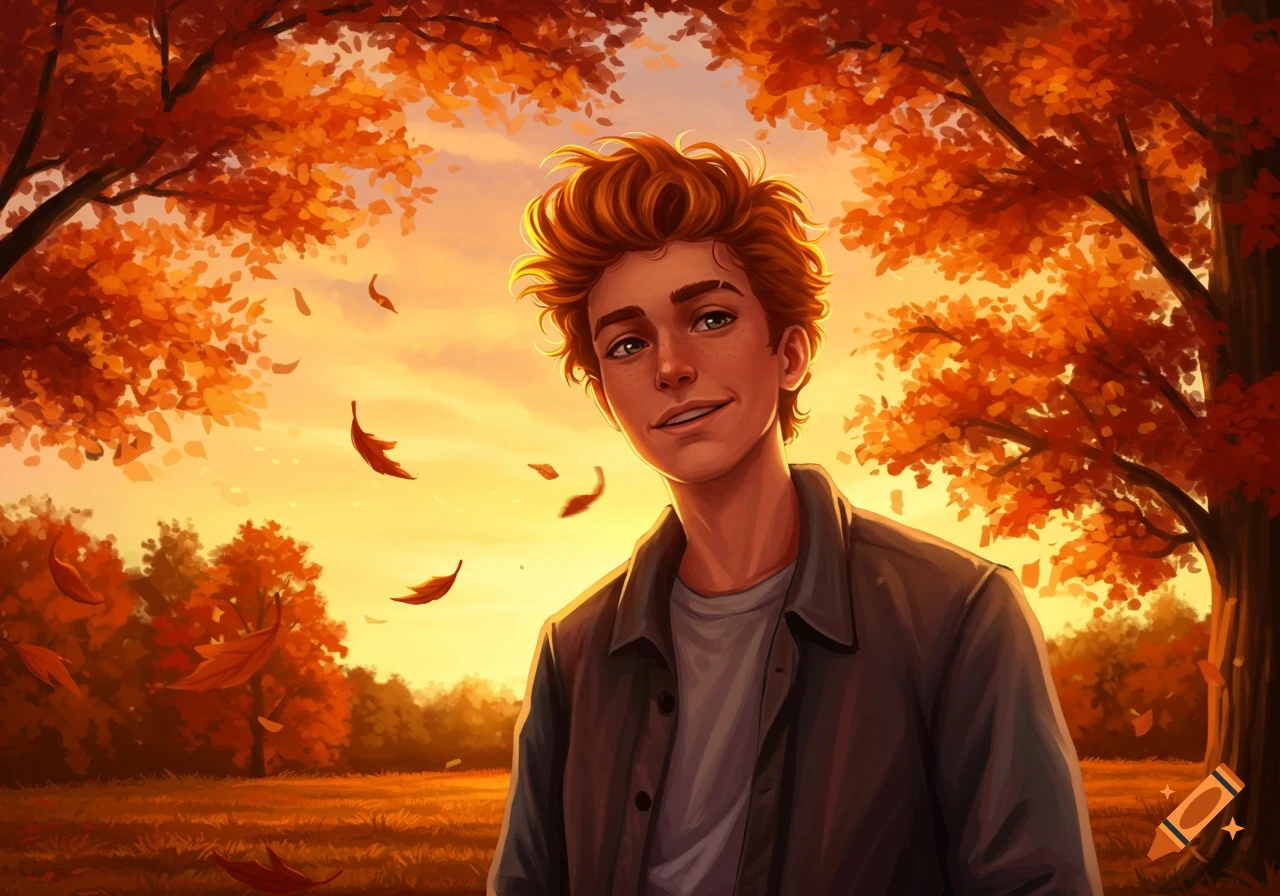 A digital illustration of a young man with orange hair smiling in an autumn park with golden trees and falling leaves at sunset.