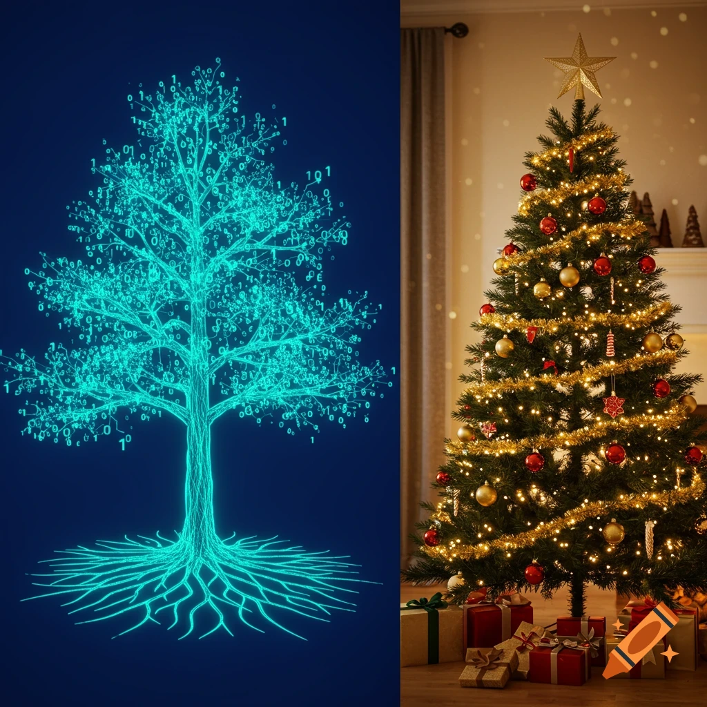 A split image showing a glowing blue digital binary tree on the left and a decorated Christmas tree with lights and presents on the right.