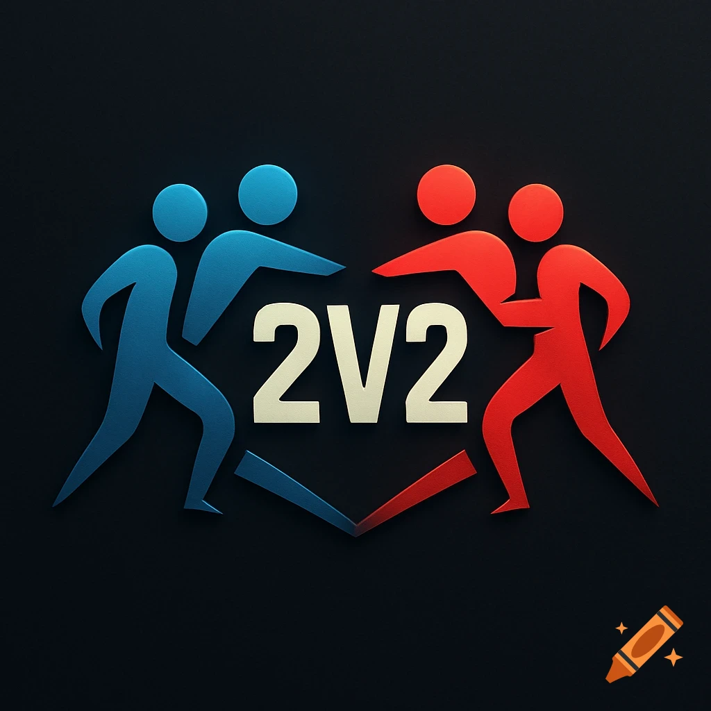 A stylized 2V2 logo featuring two blue figures facing two red figures on a dark background.