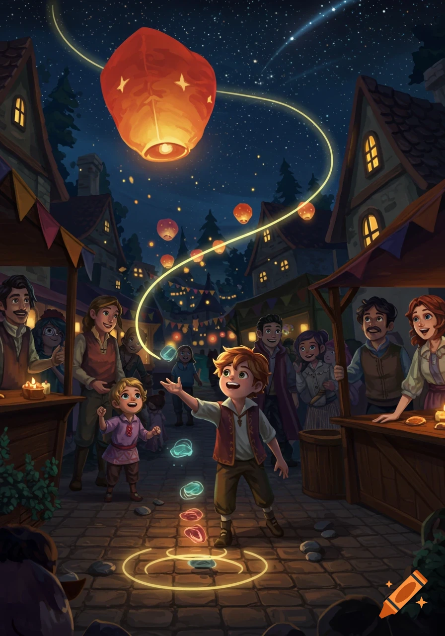 A young boy plays a game with glowing blue and red orbs at a bustling night festival in a fantasy village, surrounded by a cheering crowd and floating lanterns under a starry sky.
