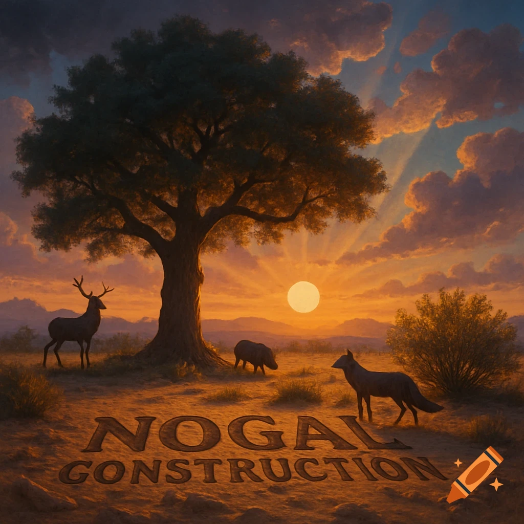 A majestic sunset landscape with a large tree, deer, boar, and fox silhouetted. 'NOGAL CONSTRUCTION' is subtly carved into the ground.