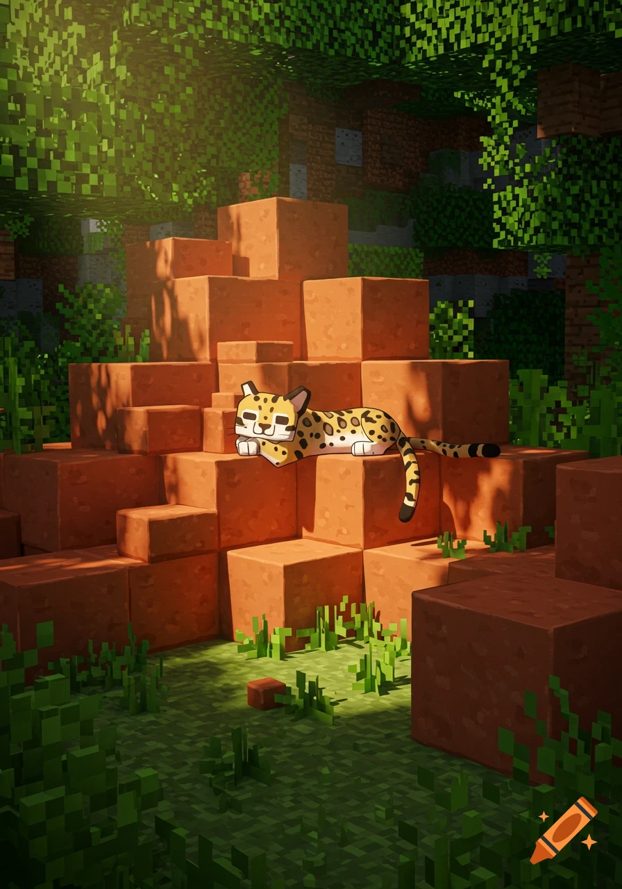 A cel-shaded Minecraft ocelot lounges on terracotta blocks in a sun-drenched pixelated jungle clearing.