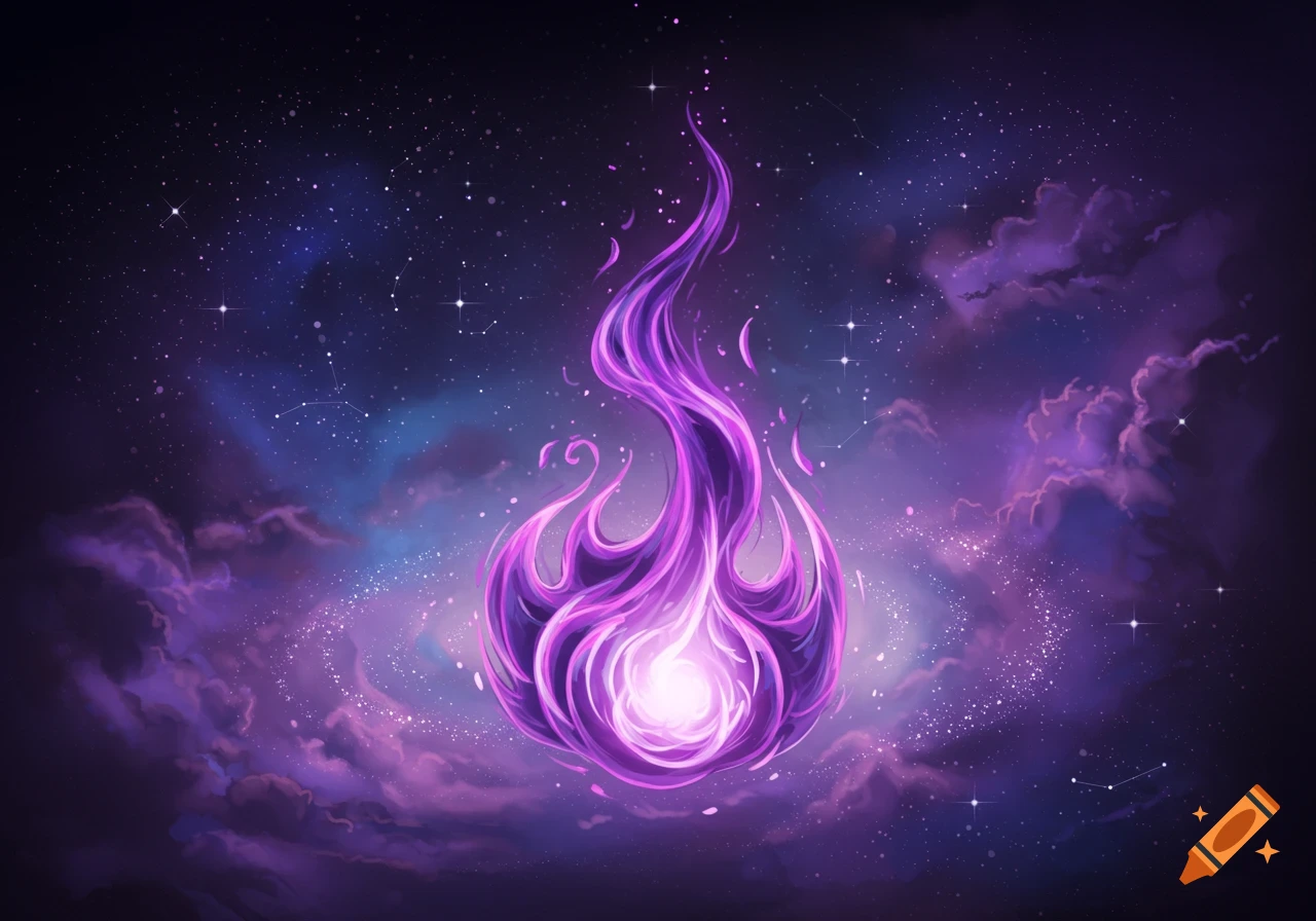 A vibrant purple flame with swirling tendrils floats against a dark cosmic background filled with stars and purple nebulae.