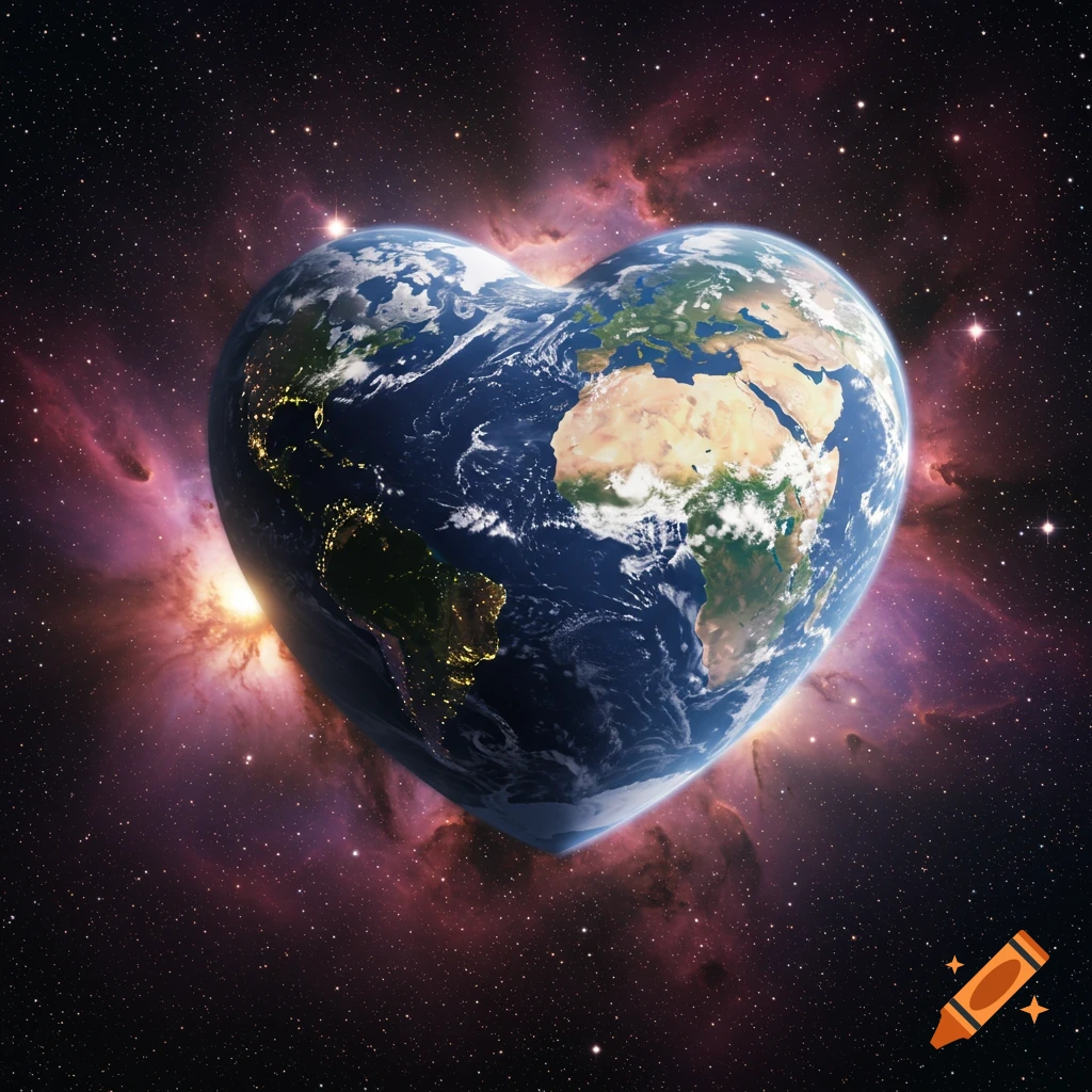 A heart-shaped Earth floats in space against a backdrop of colorful nebulae and stars, with continents and city lights visible.