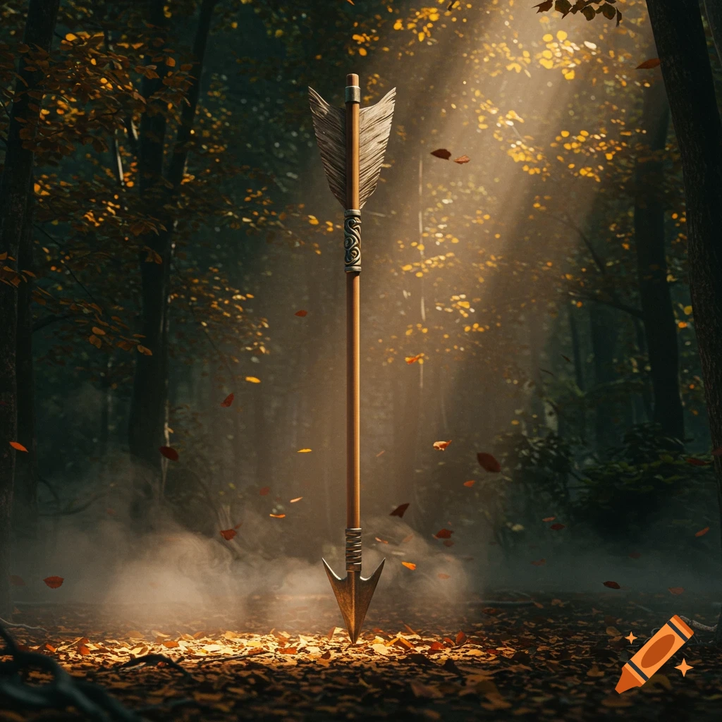 A thick, ornate arrow stands upright in a misty, sun-dappled autumn forest floor, surrounded by fallen leaves.