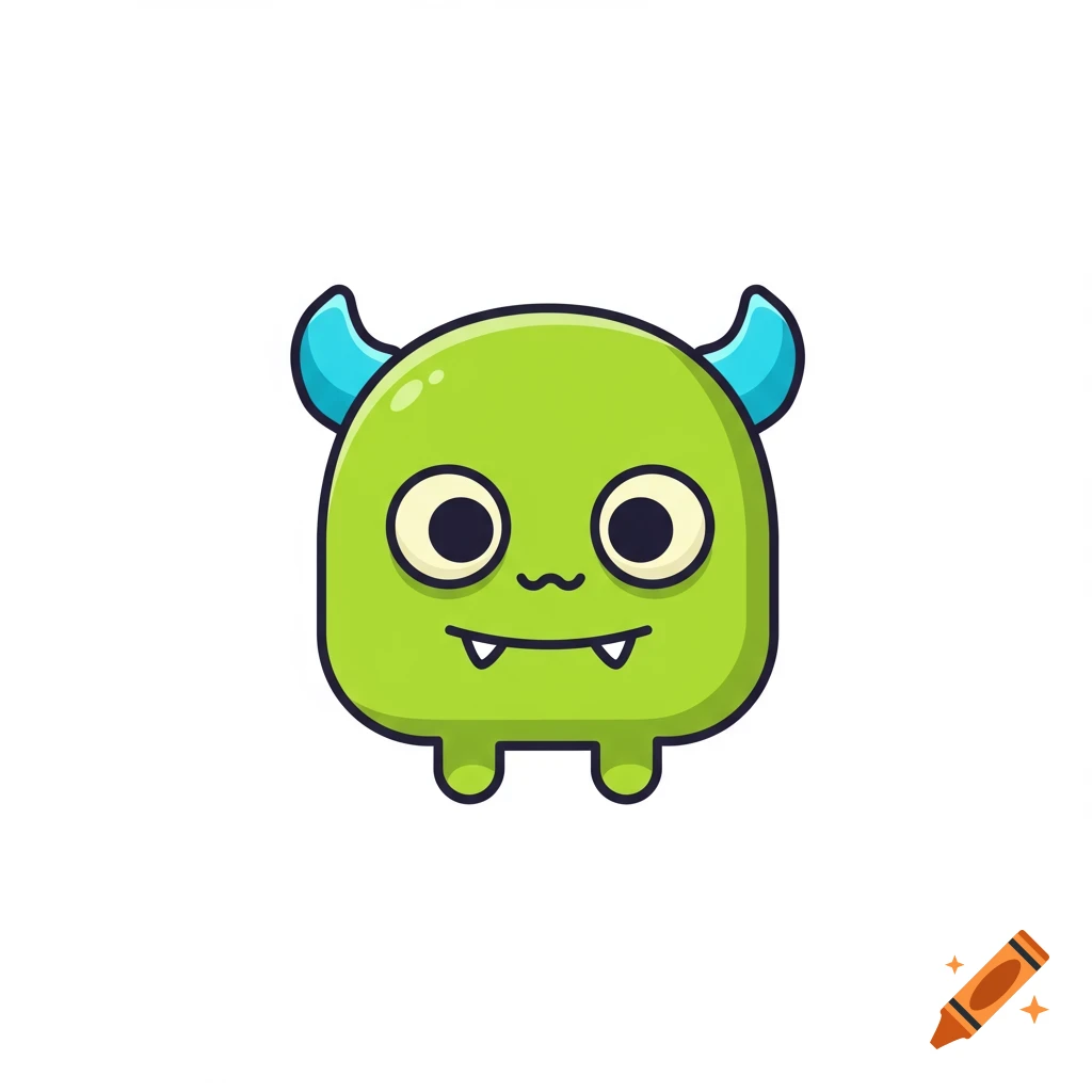 A cute, simplified green monster icon with blue horns and fangs on a white background.