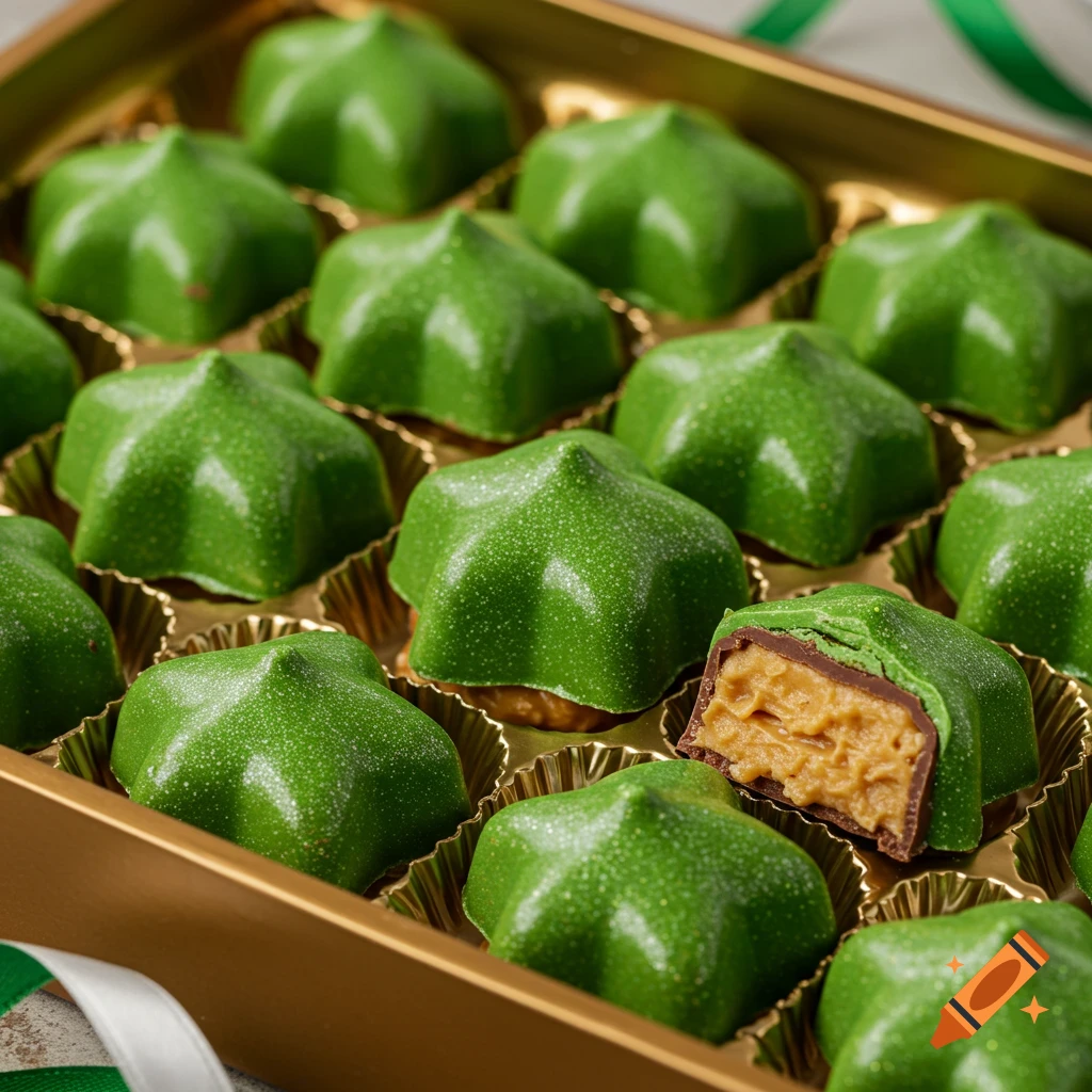 A box of green, star-shaped chocolates with a peanut butter center, one bitten open, in a gold box.