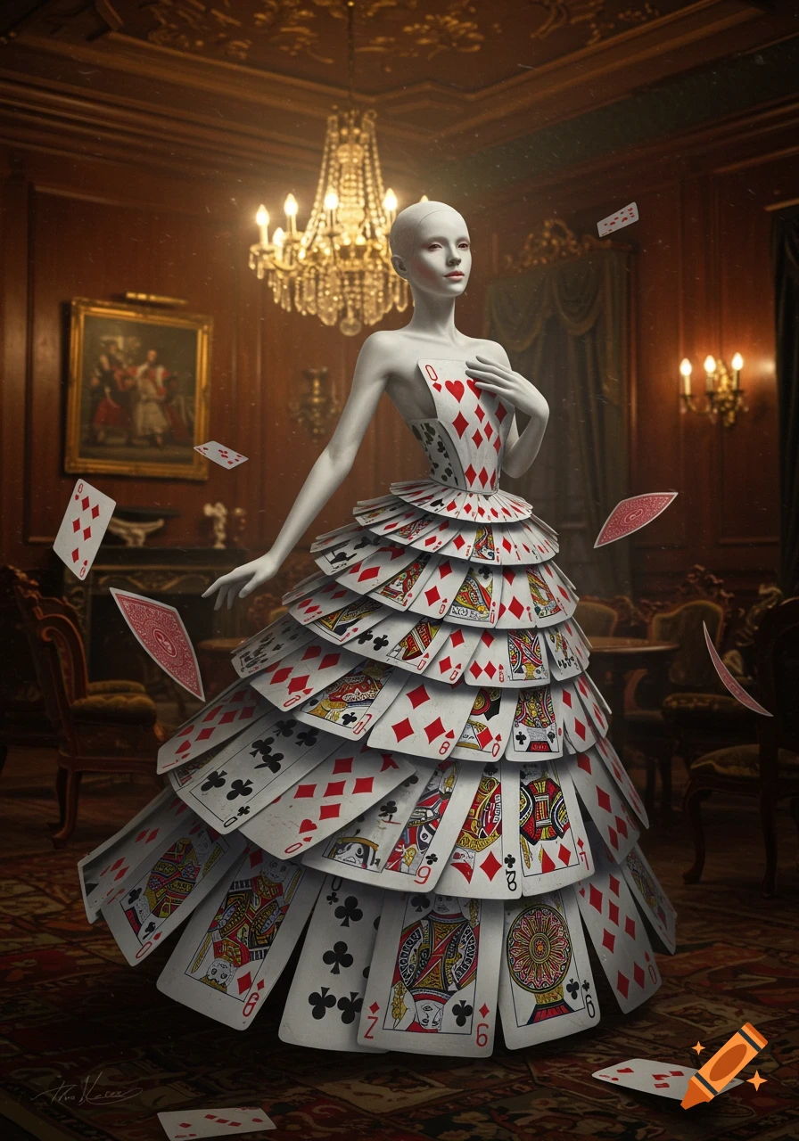 A stylized, pale-skinned figure wears an elaborate dress made of playing cards in an ornate, candlelit room with cards floating around her.