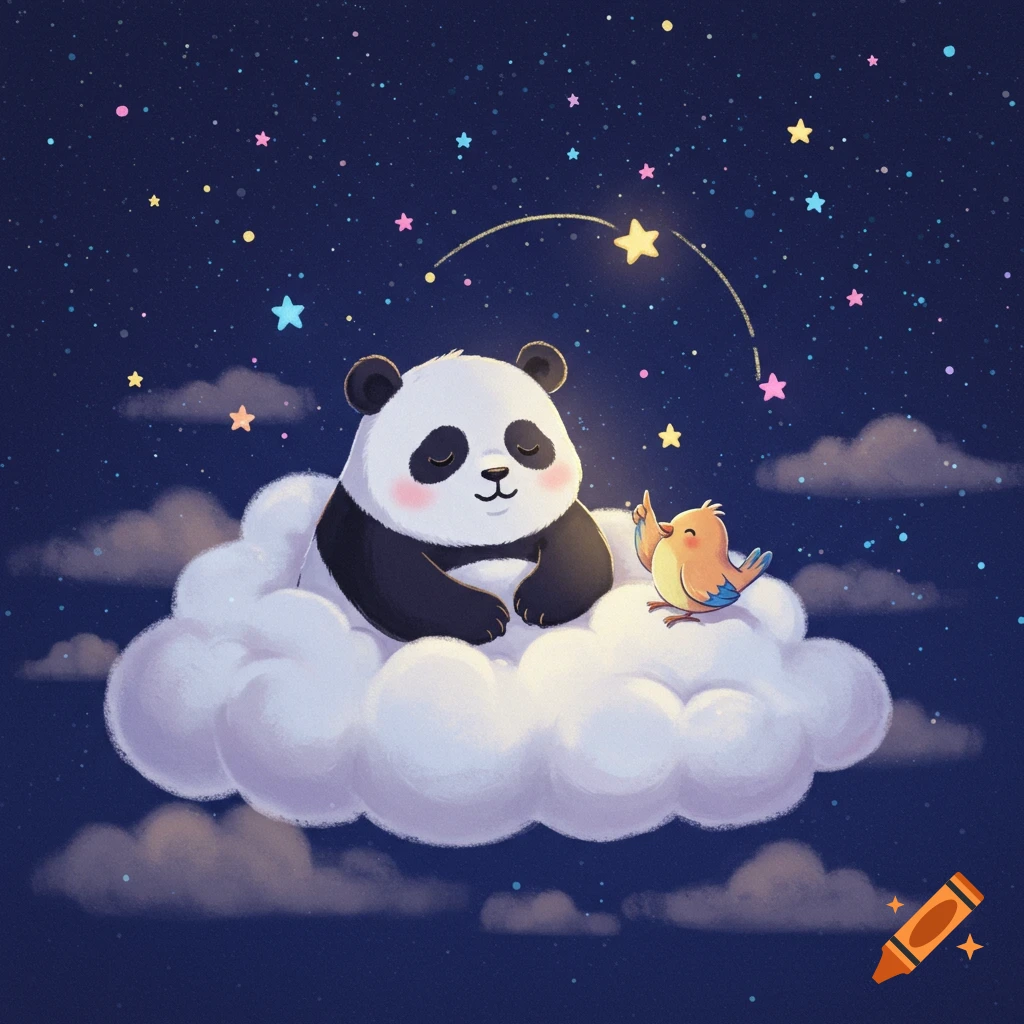 A cute panda and a small bird sit on a fluffy cloud, looking at a glowing star in a dreamy night sky filled with colorful stars.