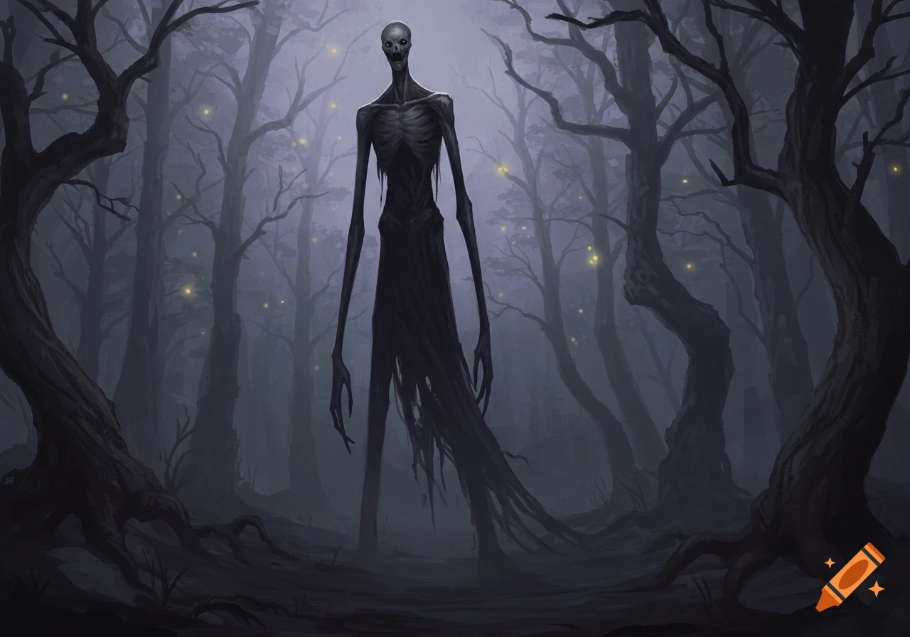 A tall, slender, dark skeletal creature with long limbs and hollow eyes stands in a misty, dark forest with small glowing lights.