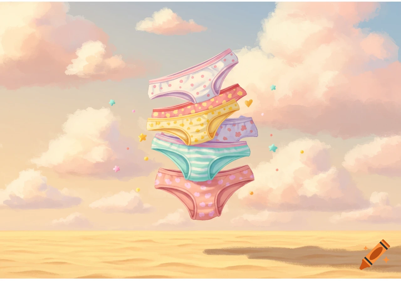 Colorful underwear floating against a pastel sky with fluffy clouds over a sandy ground.