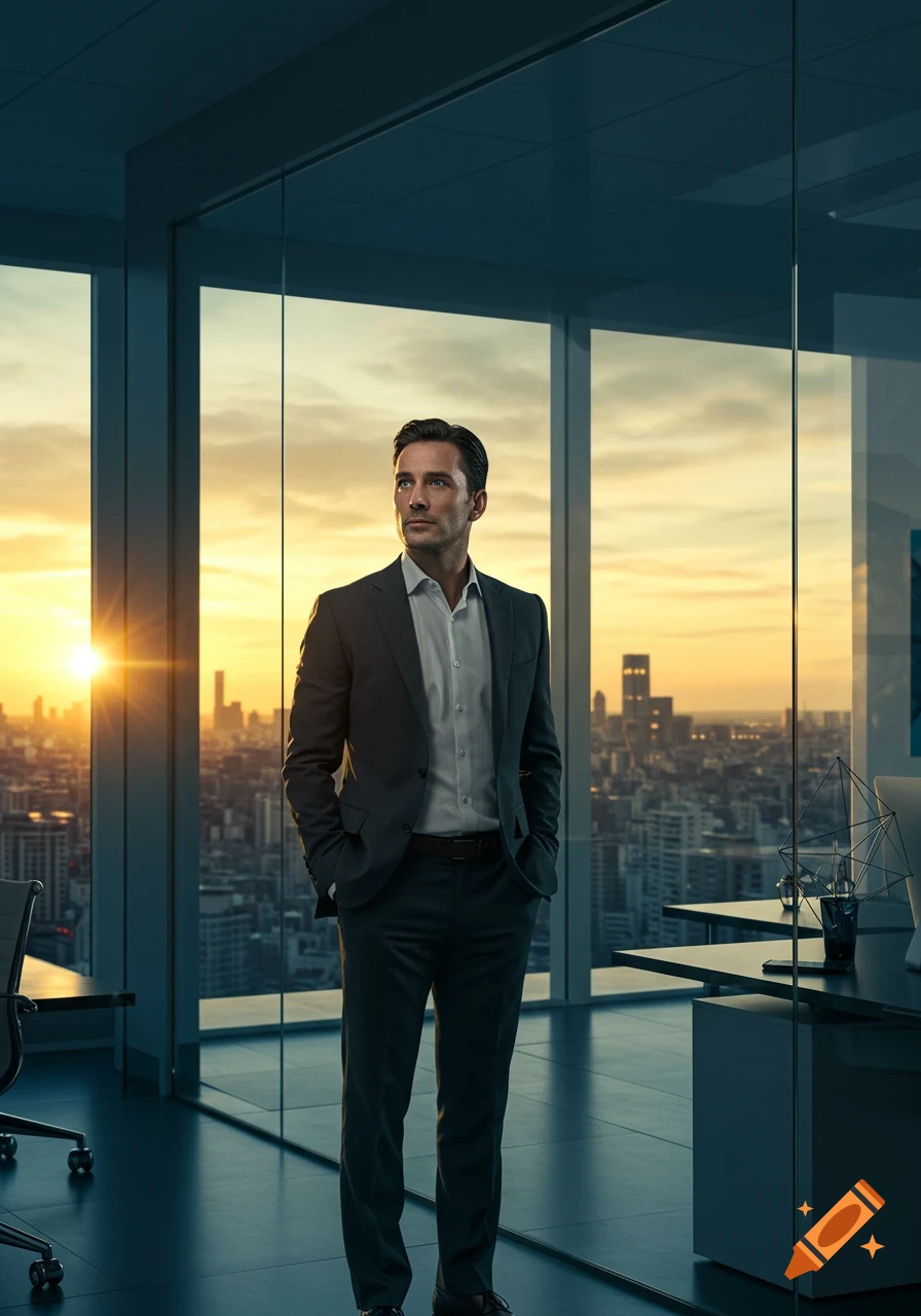 A man in a dark suit stands in a modern office with a city skyline at sunset, hands in pockets, looking thoughtful.