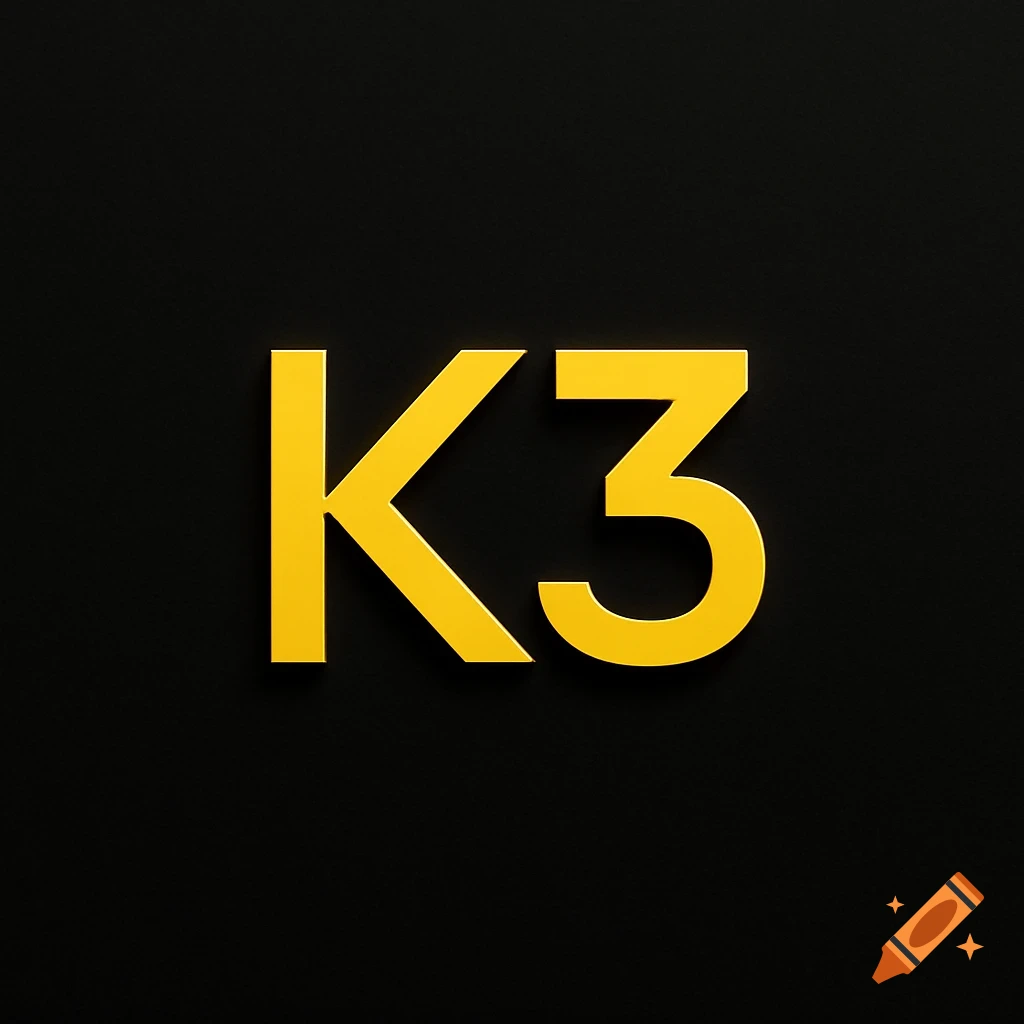 Yellow K3 text with subtle shadows on a solid black background.