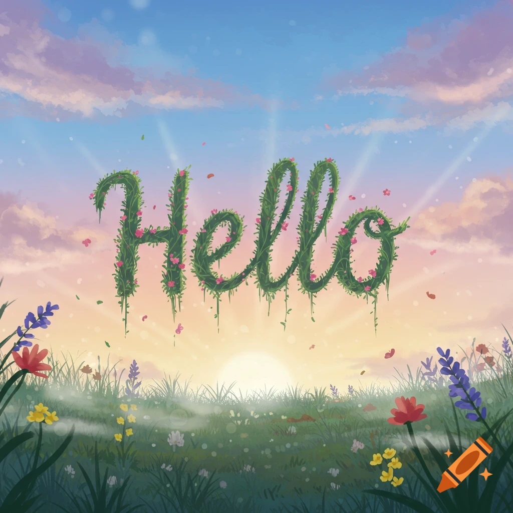 The word HELLO formed by green vines and pink flowers, floating above a vibrant wildflower field at sunrise.