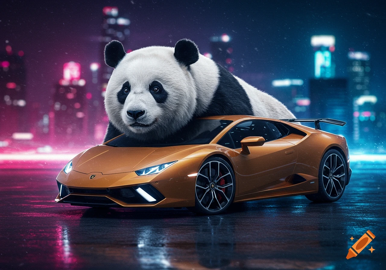 A large photorealistic panda lies on an orange Lamborghini sports car on a wet street in a neon-lit city at night.