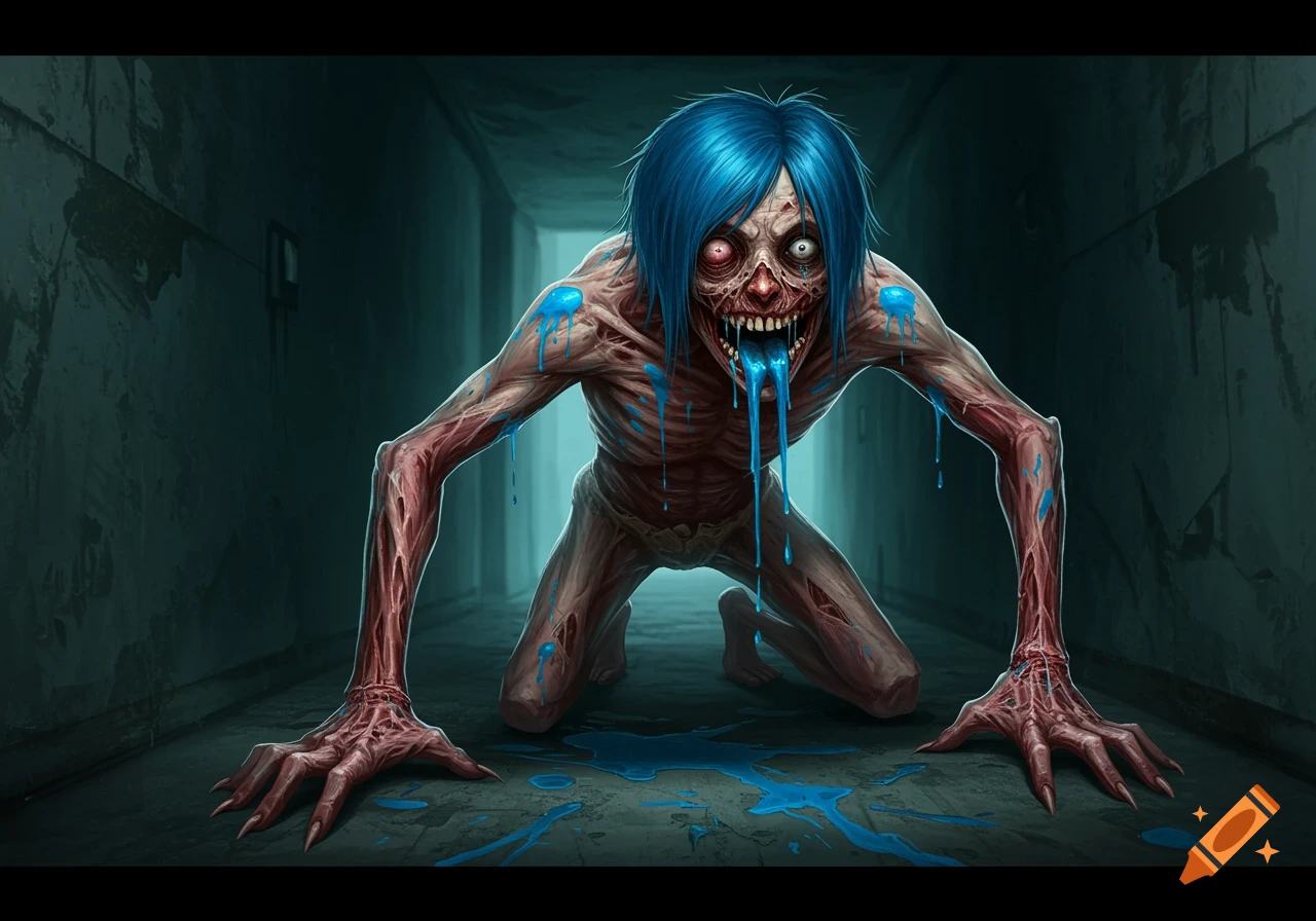 Grotesque blue-haired monster with exposed bones and a half-out eyeball, covered in blue slime, crawls in a dark hallway.