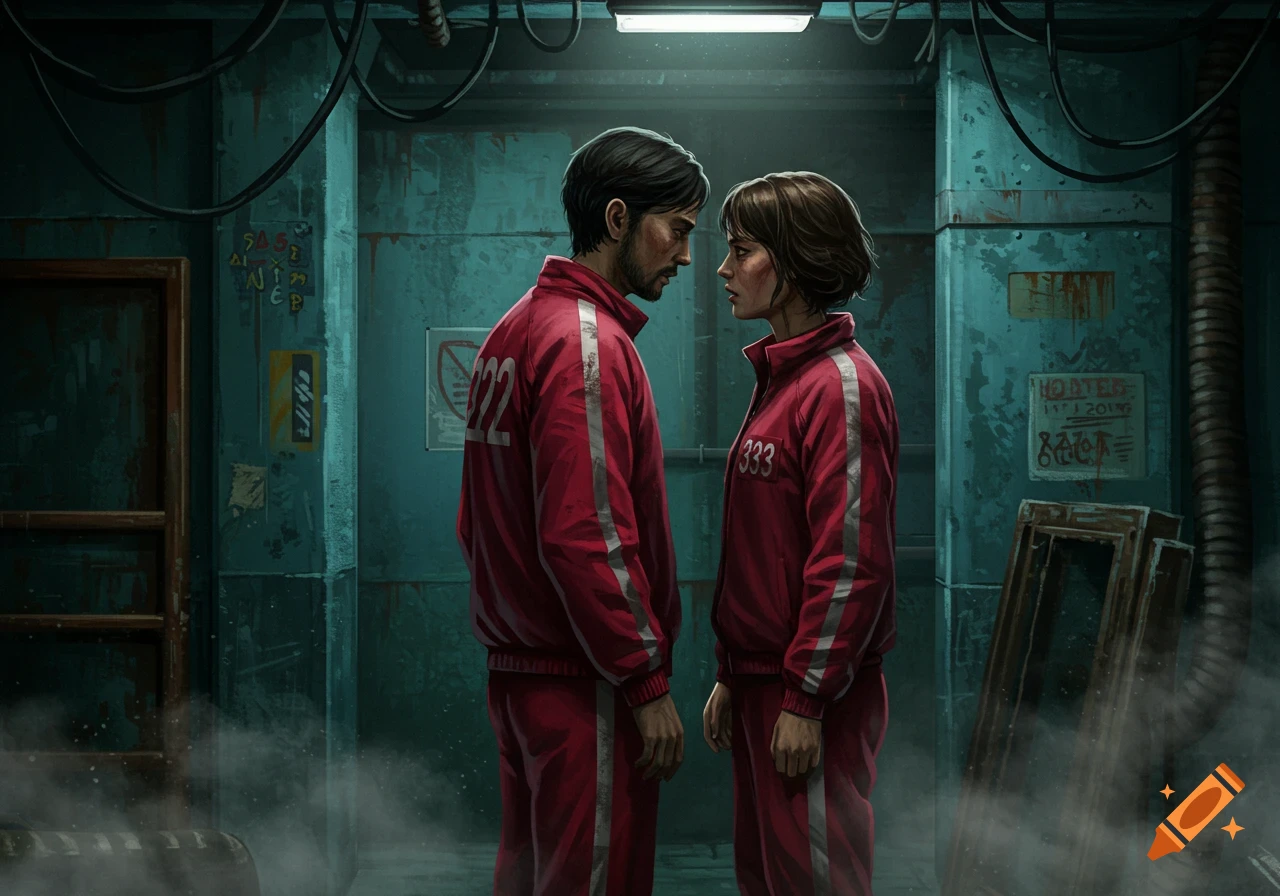 A man and a woman in red tracksuits with white stripes stand face-to-face in a dark, gritty room with pipes and wires.