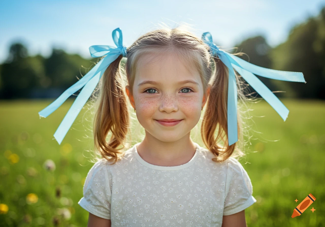 A photorealistic portrait of a cute young girl with blonde pigtails tied with blue ribbons, smiling in a sunny green field.
