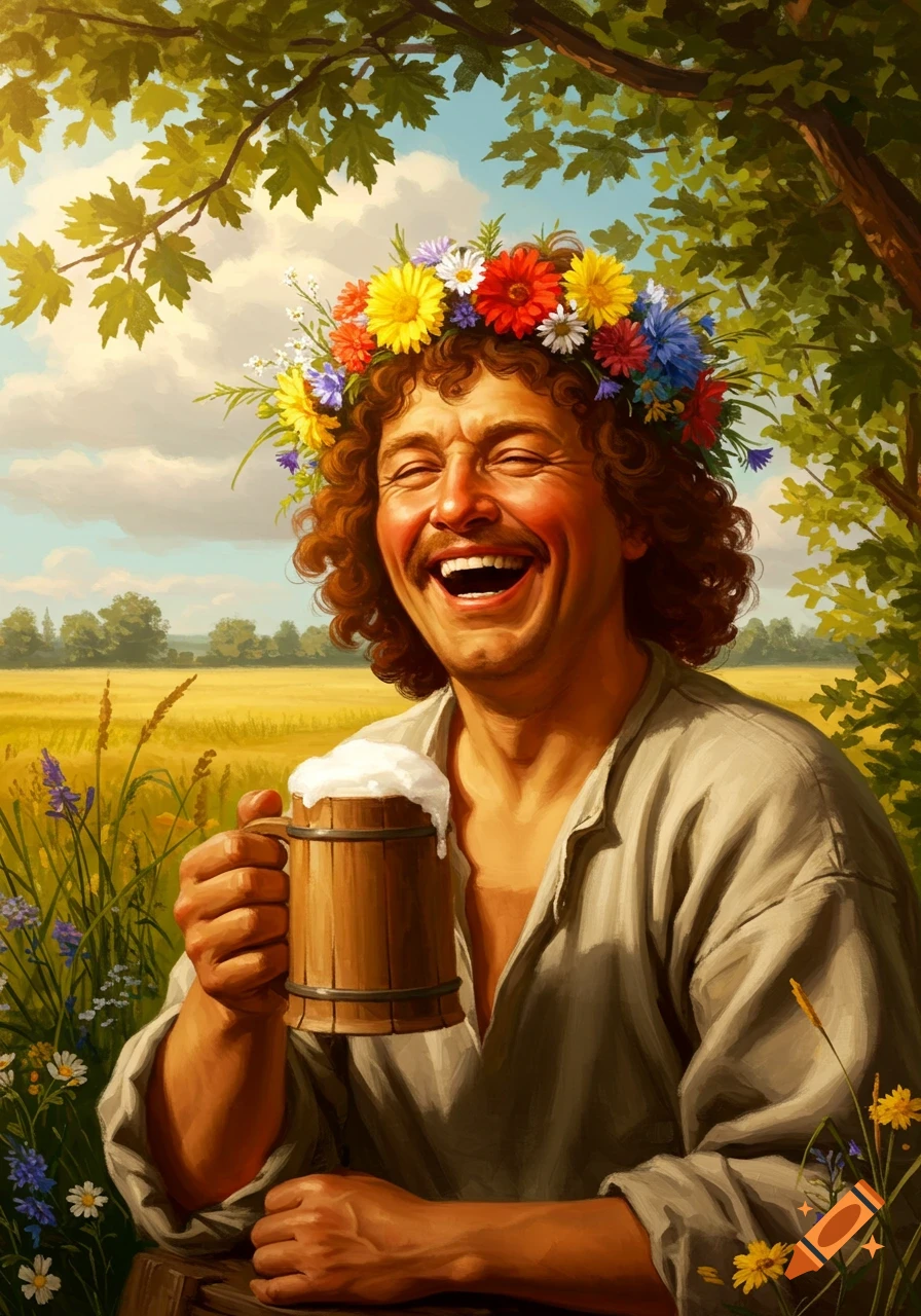 A joyful man with curly hair and a flower crown laughs while holding a frothy beer mug in a sunny field, painted in a classical style.