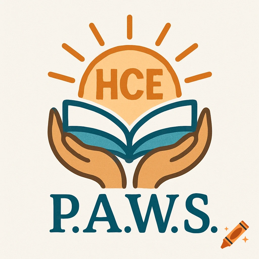 Logo with two hands holding an open book under a rising sun with HCE, and P.A.W.S. below.