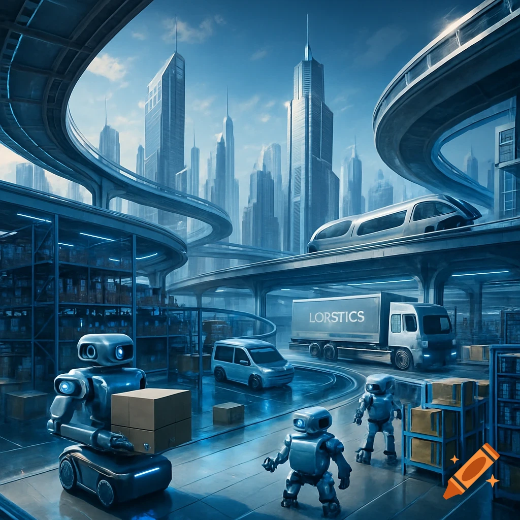 Futuristic blue-toned cityscape with elevated highways and a warehouse. Robots move boxes, a truck with 'LORSTICS' and a sleek train are visible.