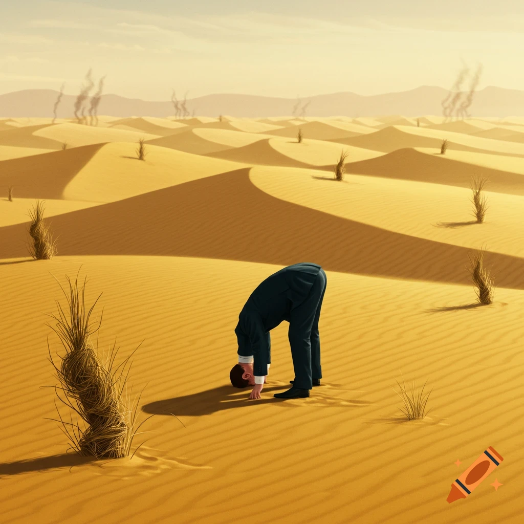 A man in a suit buries his head in the sand of a vast, sunny desert landscape with dunes and dry plants.