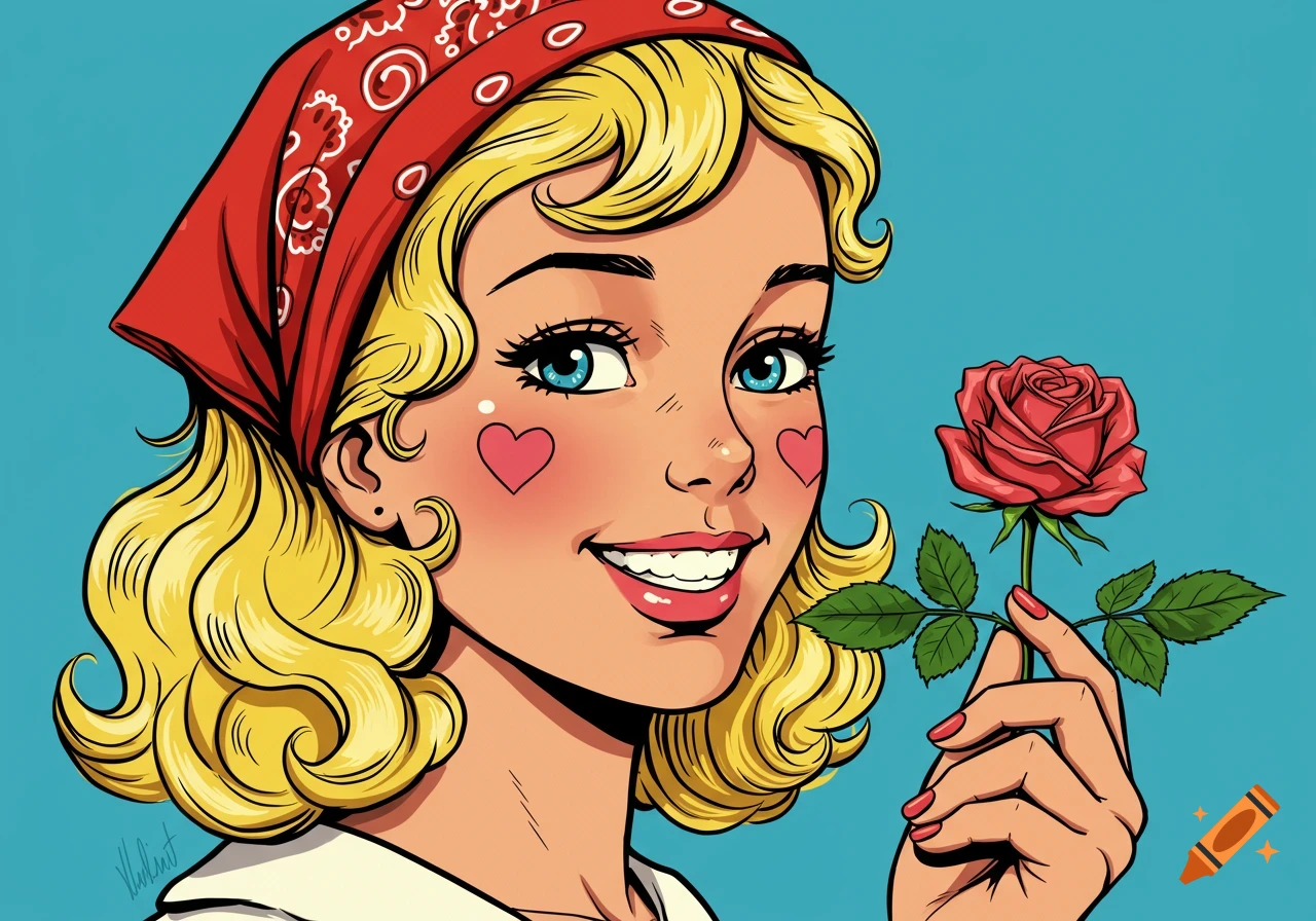 A pop-art style portrait of a smiling blonde woman wearing a red bandana with white hearts on her cheeks, holding a red rose.