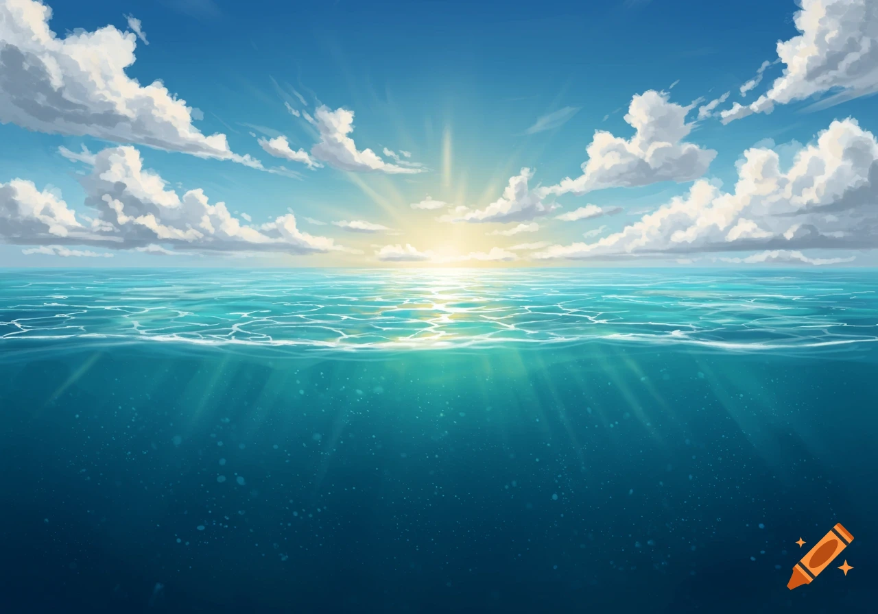 A vibrant illustration of an ocean scene, with a bright sun overhead shining rays into the clear blue water above and below the surface.