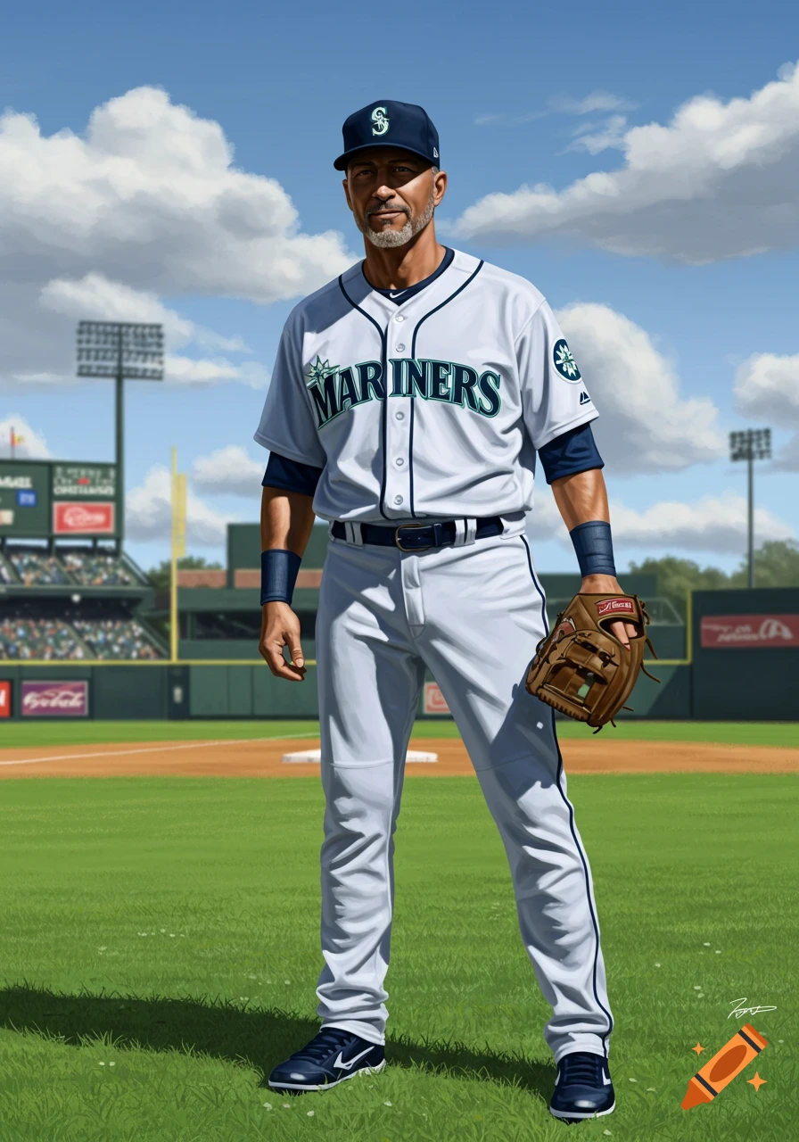 A man in a Seattle Mariners baseball uniform stands on a baseball field under a blue sky.