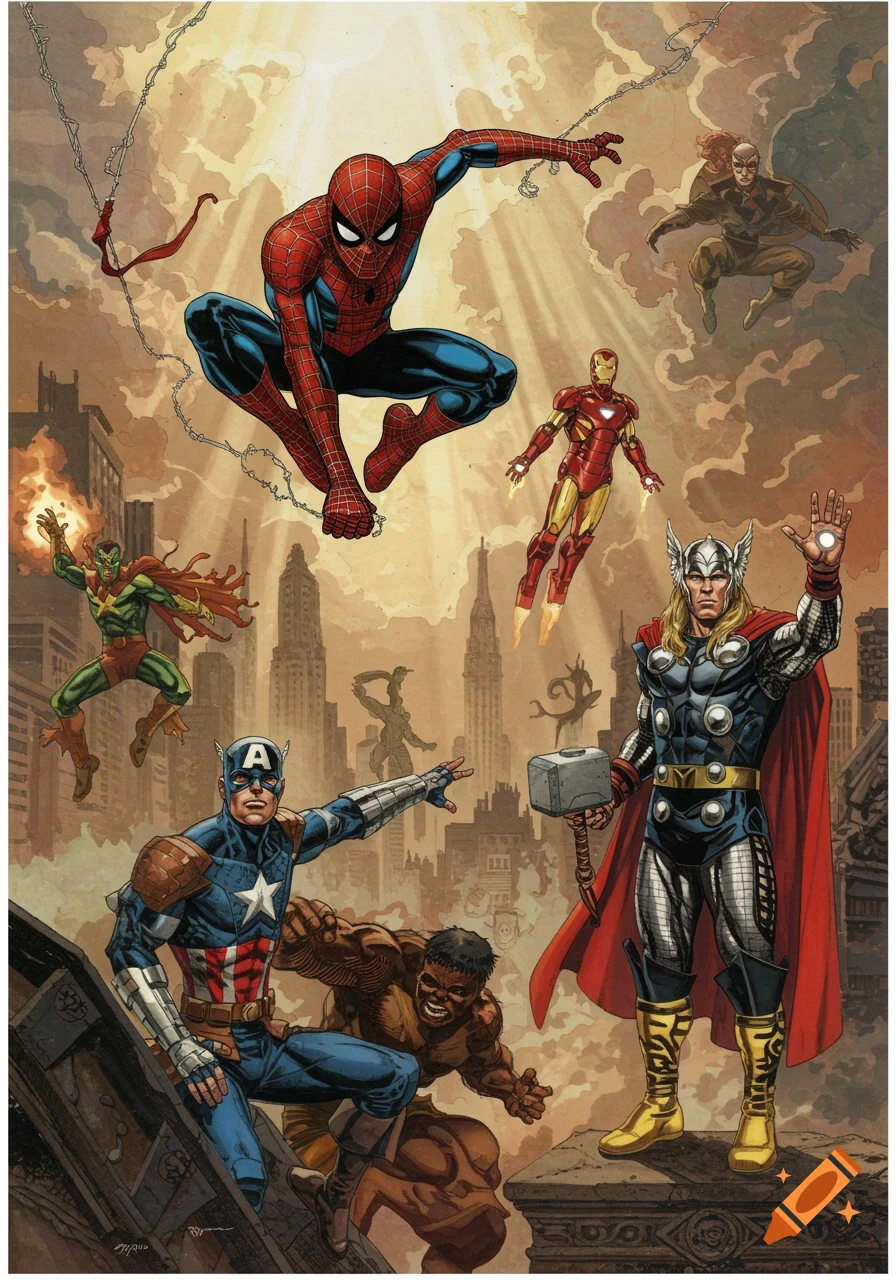 Marvel superheroes Spider-Man, Iron Man, Thor, Captain America, and others in an Alex Ross style comic art image.