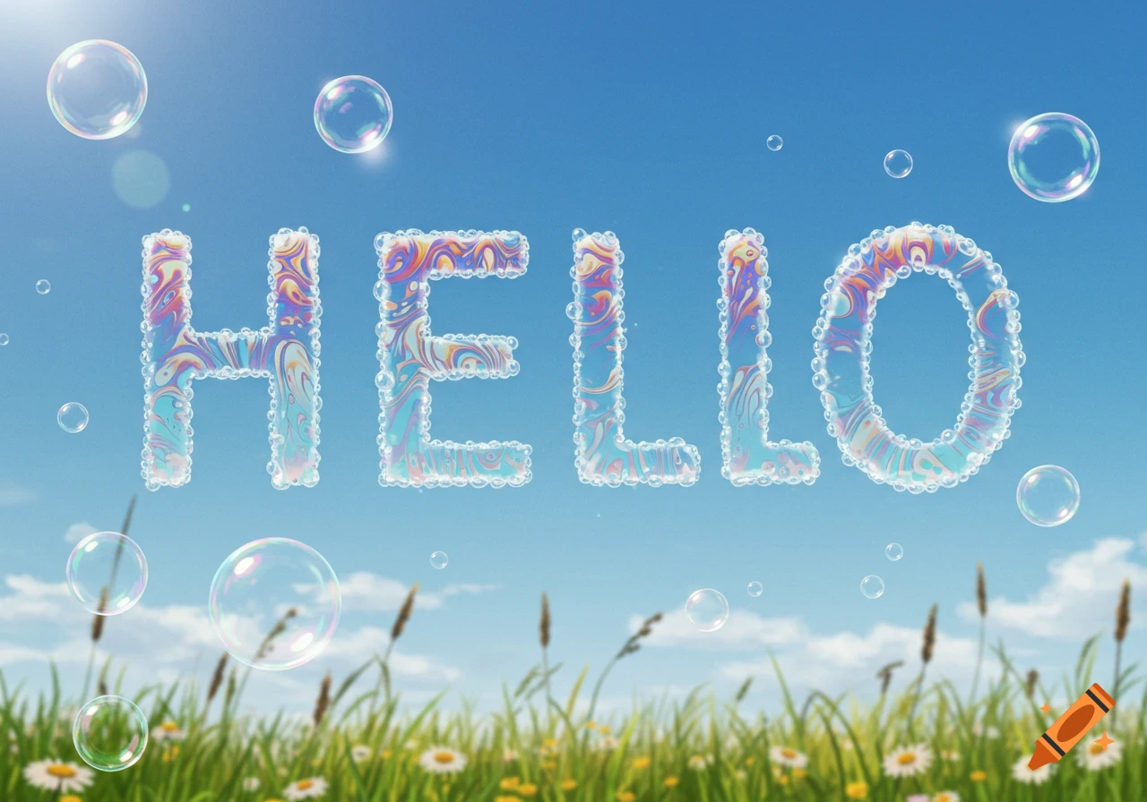 The word HELLO formed by colorful bubbles floating in a blue sky above a grassy field with daisies.