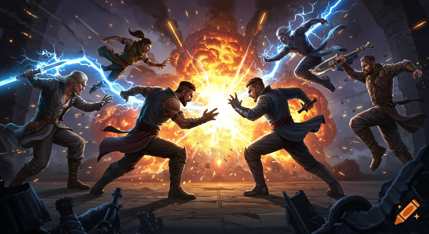 Six male fantasy warriors battle with magic and weapons amidst explosions and lightning in a dark, ruined city.