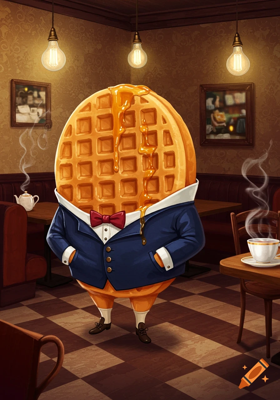 A dapper anthropomorphic waffle with syrup wearing a suit and bow tie stands in a cafe setting.