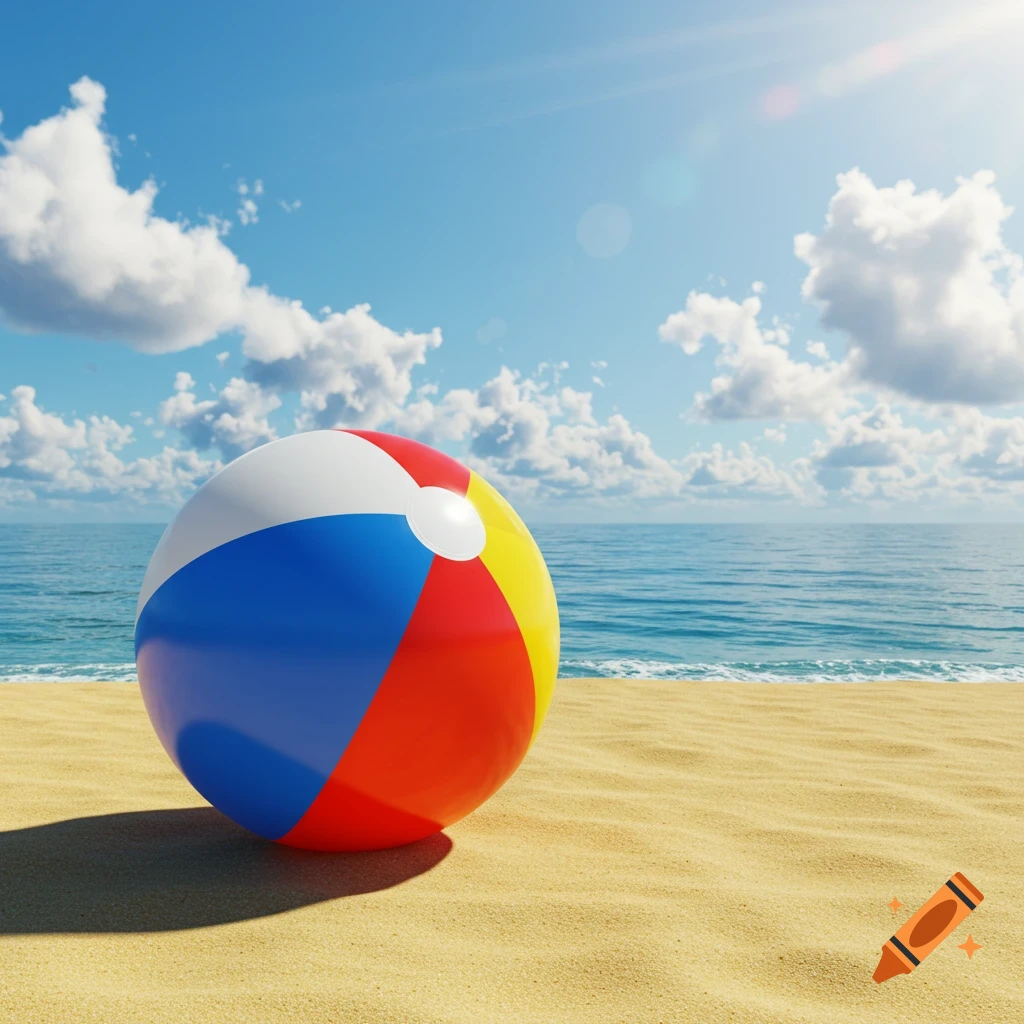 A colorful beach ball rests on the sand with the ocean and a blue sky with clouds in the background.