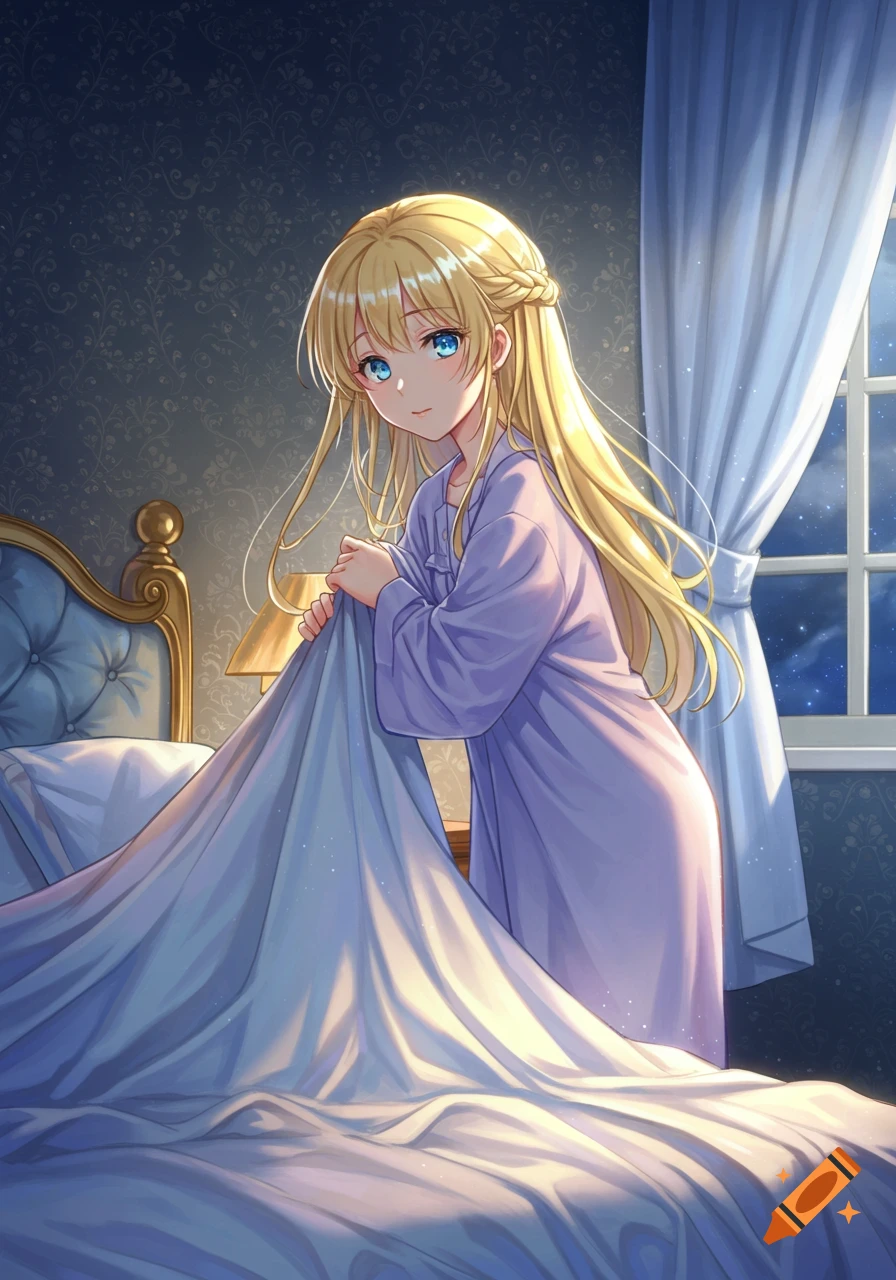 Anime girl with blonde hair and blue eyes in a purple nightgown by a bed in a moonlit room.