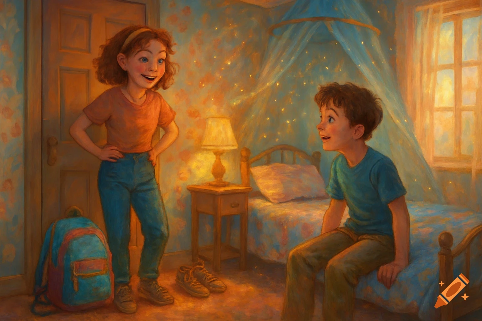 A young girl and boy in a warmly lit bedroom with sparkling walls and a bed with a blue canopy, in an illustrative style.
