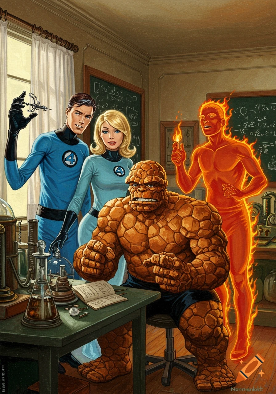 A Norman Rockwell-style painting of the Fantastic Four in a lab. Mr. Fantastic holds a device, Invisible Woman stands beside him, The Thing sits at a desk, and Human Torch is engulfed in flames. Blackboards with equations are in the background.