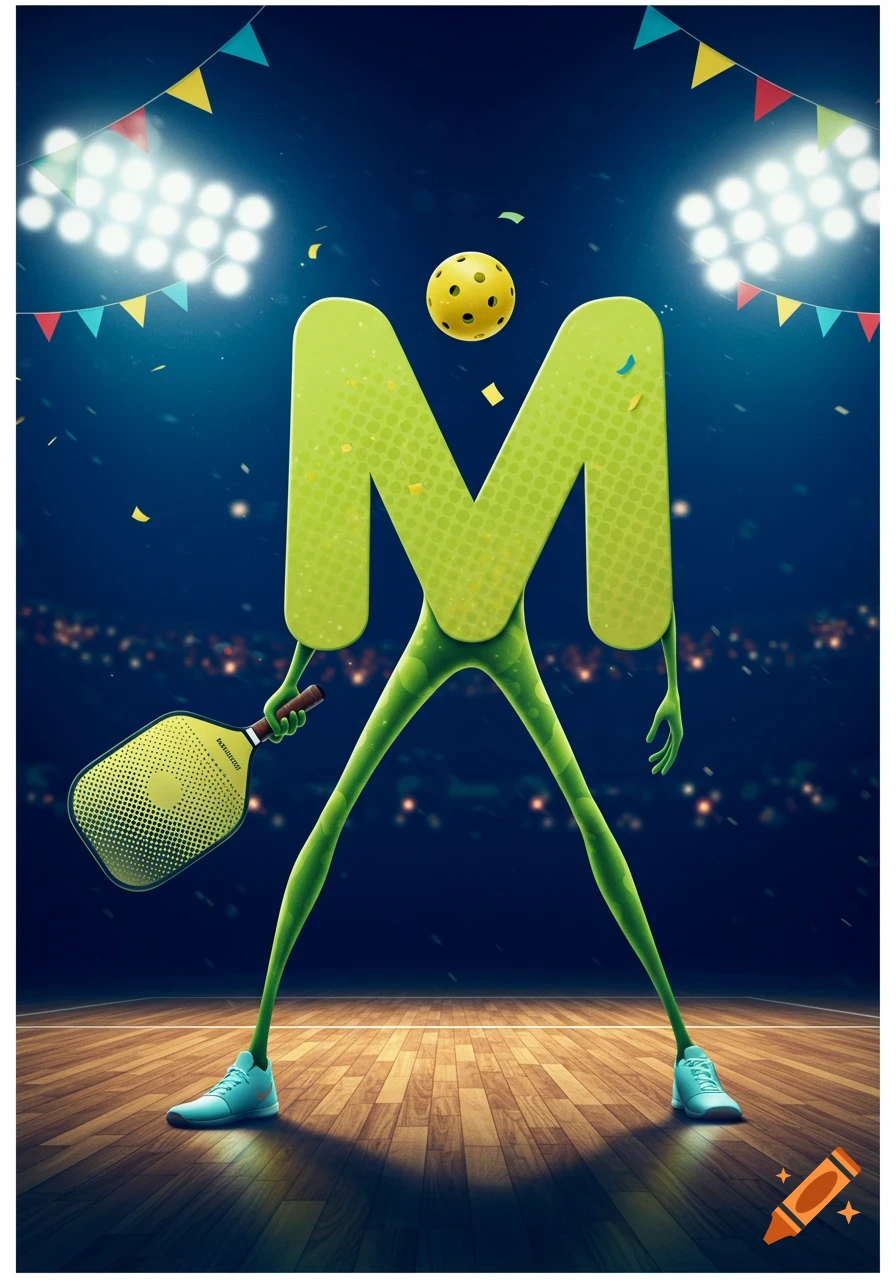 A stylized green letter M with long legs stands on a court, holding a yellow pickleball paddle. A yellow pickleball floats above its head, with stadium lights and confetti in the background.