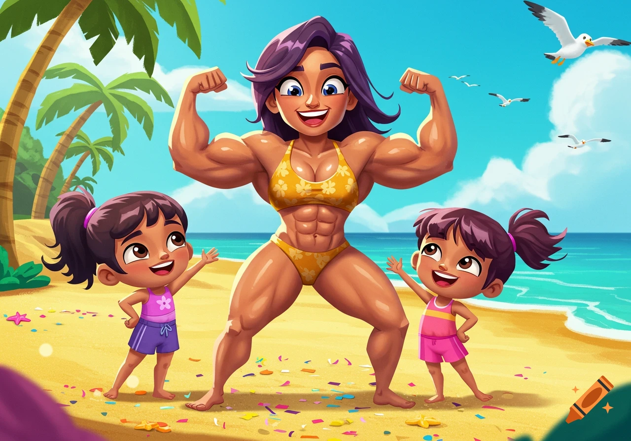 A cartoon muscular woman in a yellow bikini flexes her muscles on a beach with two smiling children and palm trees.