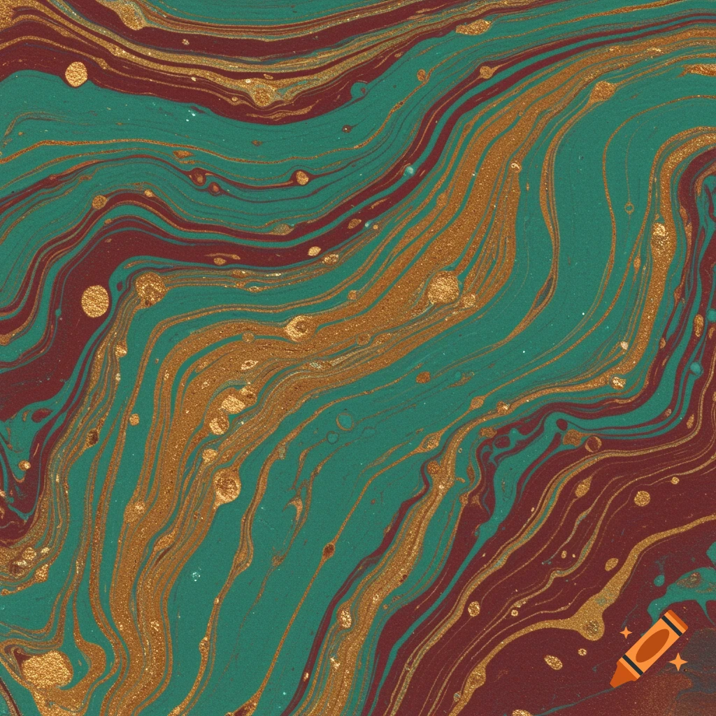 Abstract marbled pattern in teal, maroon, and gold with swirling lines and speckles.